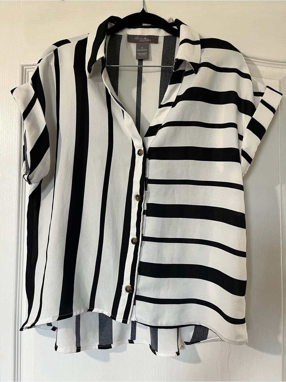 Black and White Striped Short Sleeve Blouse